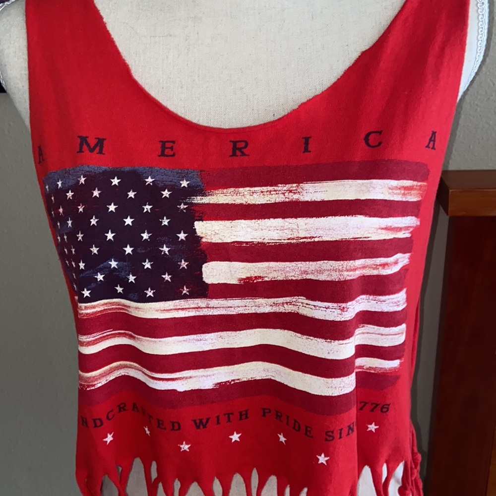 4th of July Independence Day Patriotic American Flag Fringe Knot Crop Tank Top - Picture 4 of 8